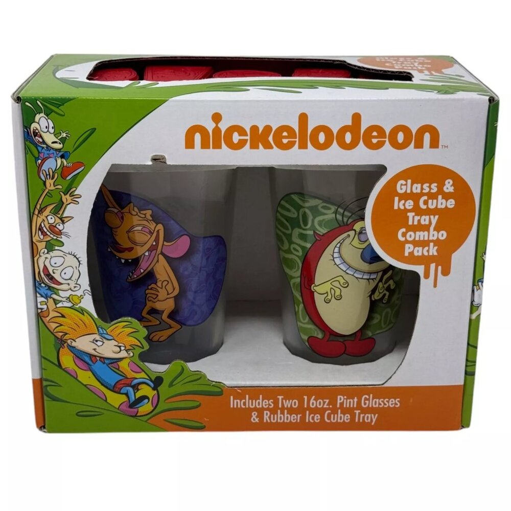 New! Ren & Stimpy Pint Glass Set of 2 + Ice Cube Tray Nickelodeon Cartoon
